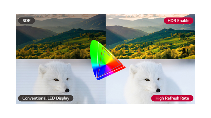 In a comparison of an SDR screen and HDR-enabled screen, a conventional LED display screen with flickering and rolling image symptoms is being compared with a screen that shows colors accurately with a high refresh rate.