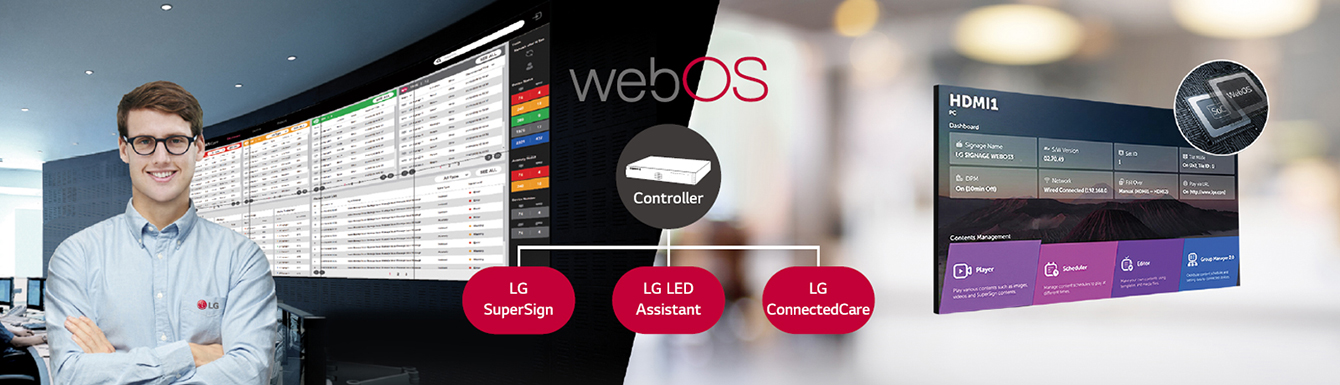 The LG employee is remotely monitoring the GNEA series installed in a different place by using a cloud-based LG monitoring solution. System controller with webOS enables GNEA series to be compatible with LG software solutions. 