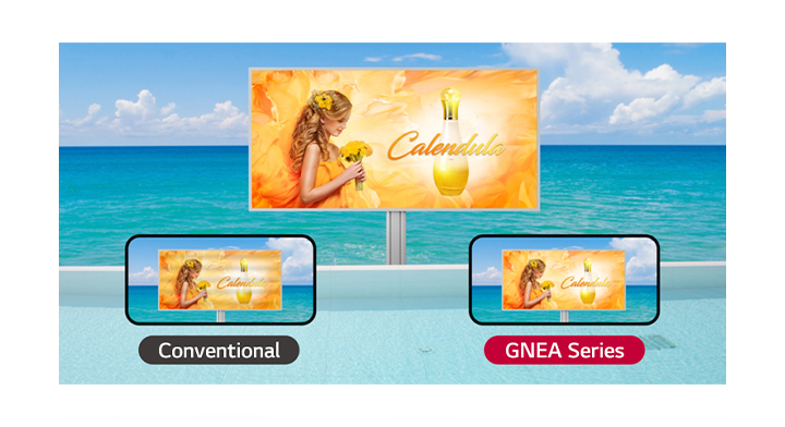 There is a LED screen and the screen is being watched with mobile phone camera. Despite showing the same advertisement, the conventional screen shows black bars, but the GNEA series clearly shows the original screen.