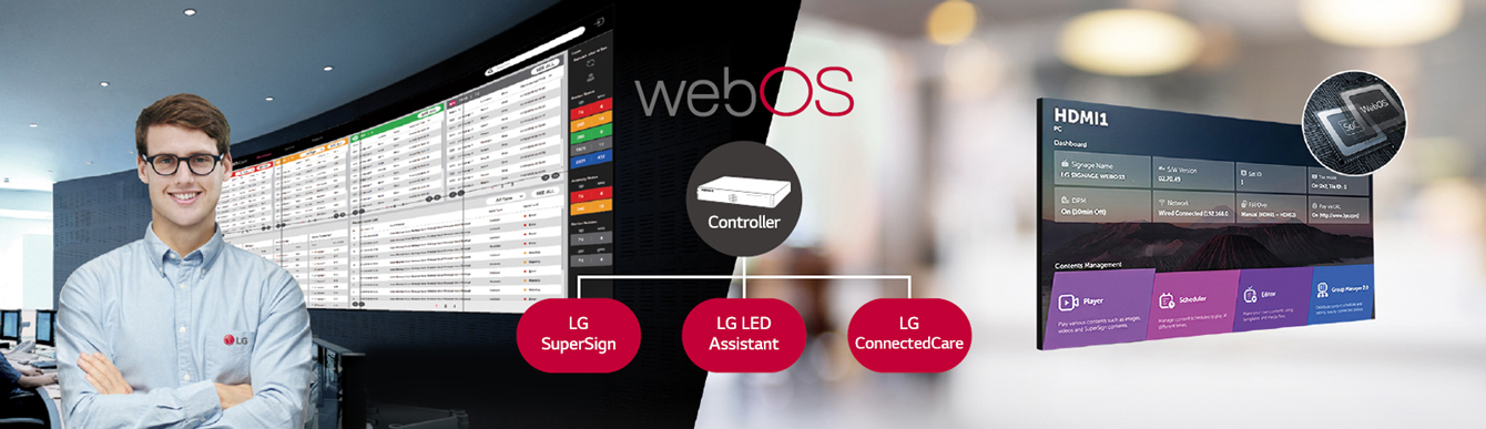 The LG employee is remotely monitoring the GREF series installed in a different place by using a cloud-based LG monitoring solution. System controller with webOS enables GREF series to be compatible with LG software solutions.