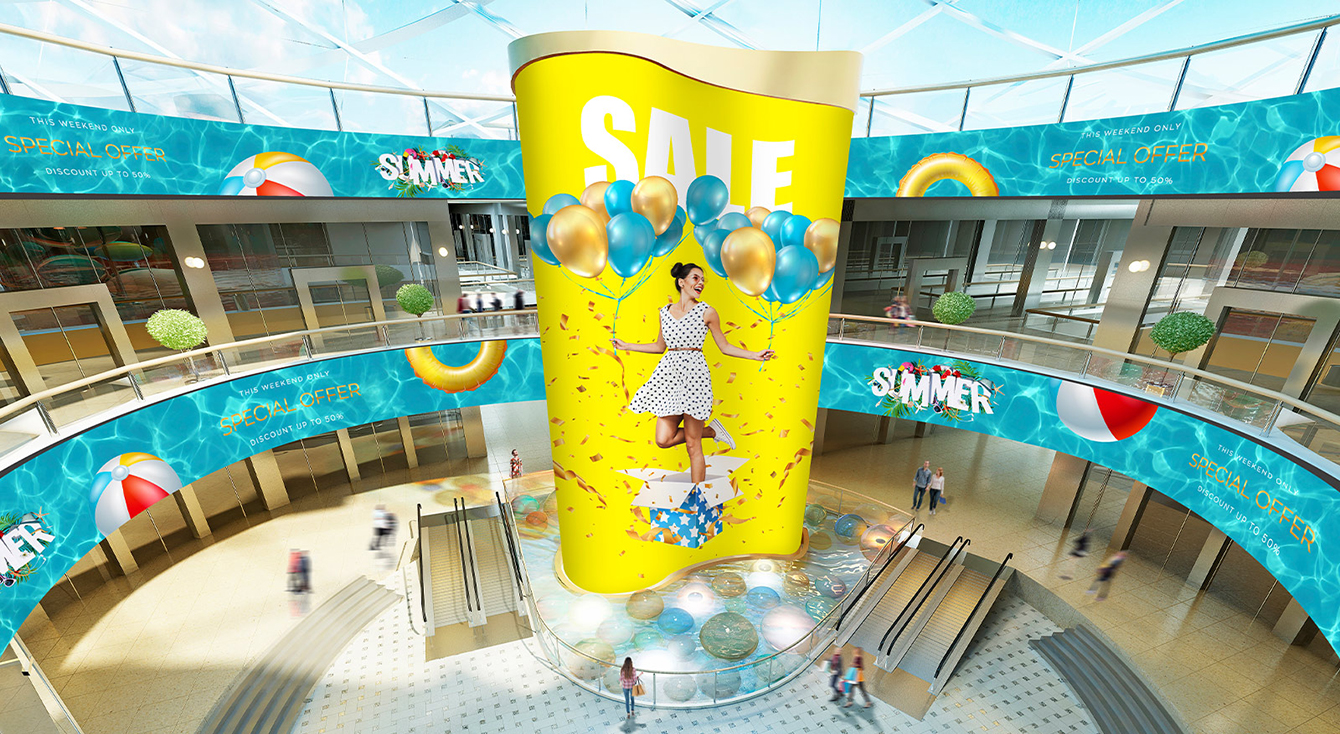 The LED is installed to match the curved shopping mall railing and a large uniquely-wavy shaped column’s flexion. The LED screen shows the season sale’s advertisement.
