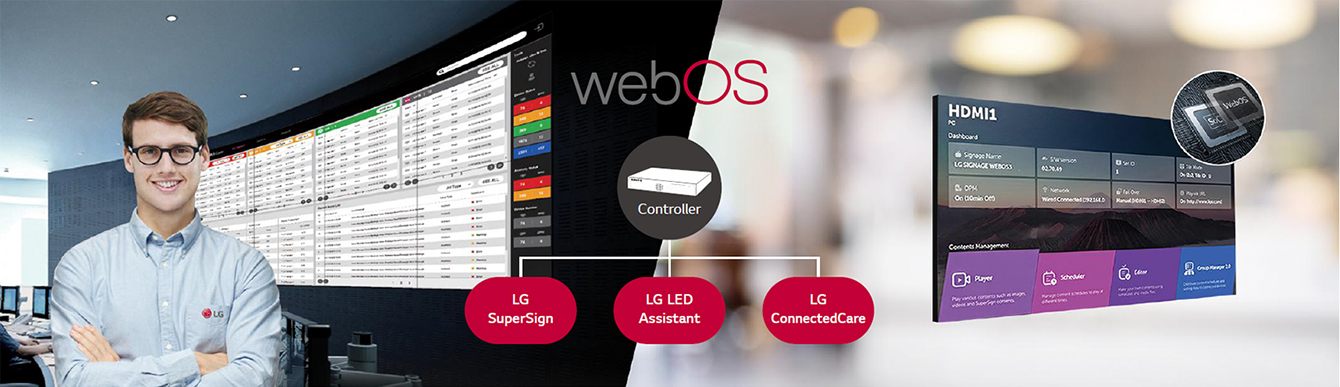 The LG employee is remotely monitoring the LCCM series installed in a different place by using a cloud-based LG monitoring solution.  System controller with webOS enables LCCM series to be compatible with LG software solutions.