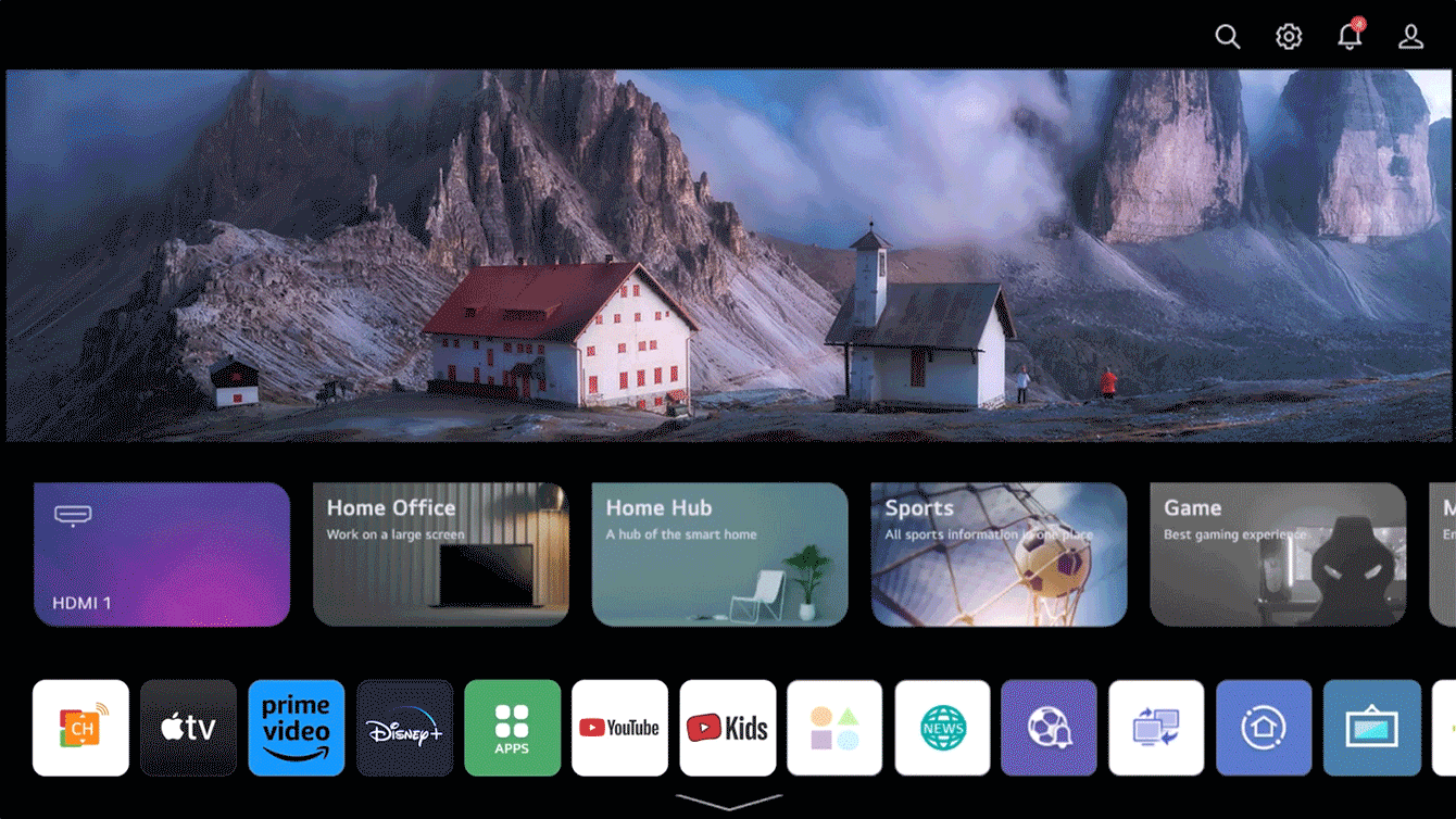 A video showing the webOS home screen filled with various content streaming apps.