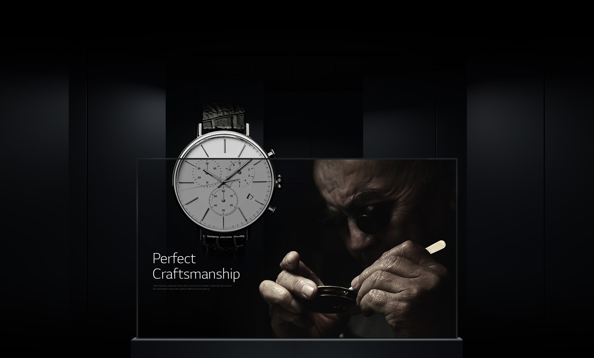 A professional craftsman displayed on a single Transparent OLED signage overlaid with a luxurious watch image in the background.