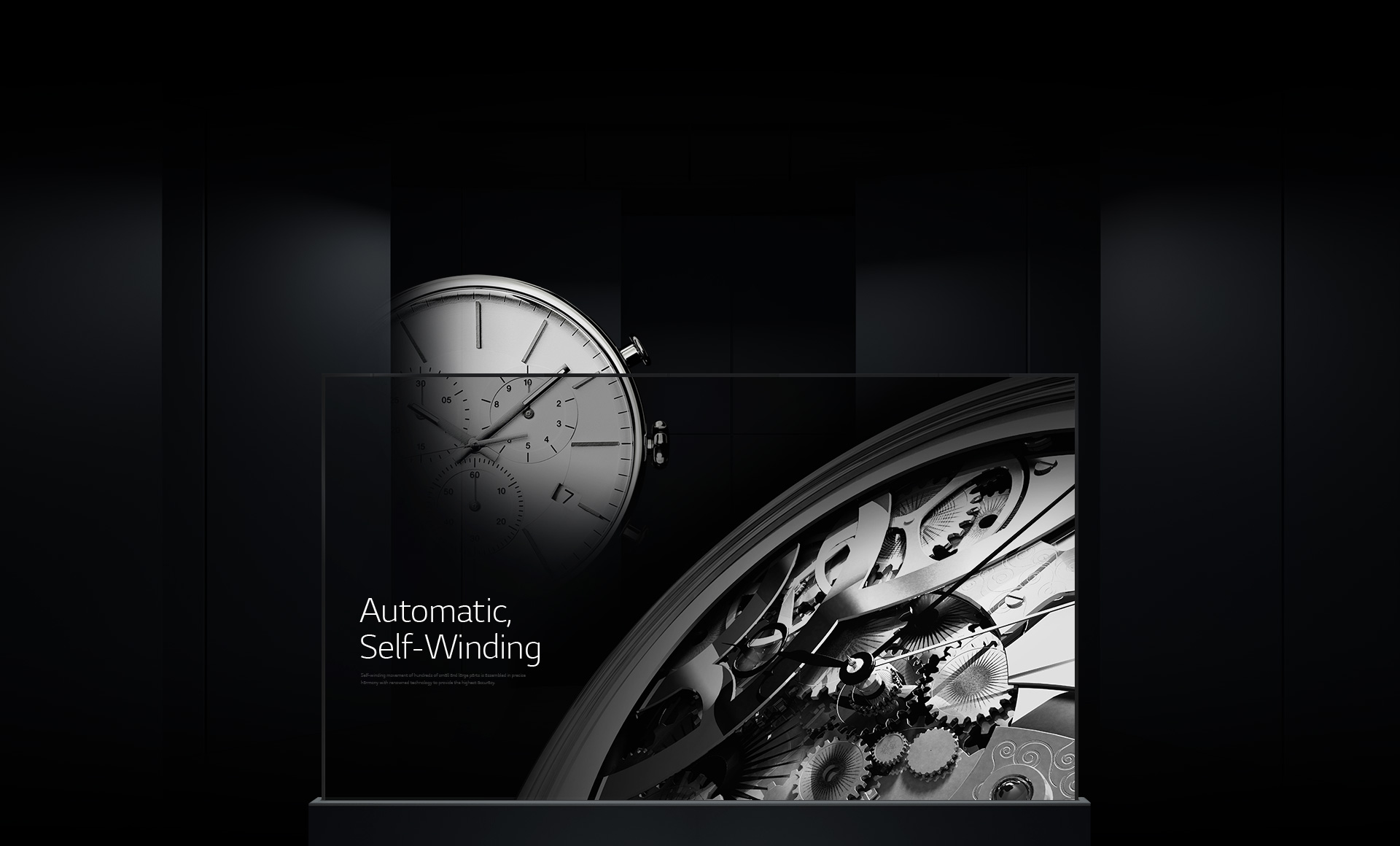 Imagery of automatic and movement parts displayed on a single Transparent OLED signage overlaid with a luxurious watch image in the background.