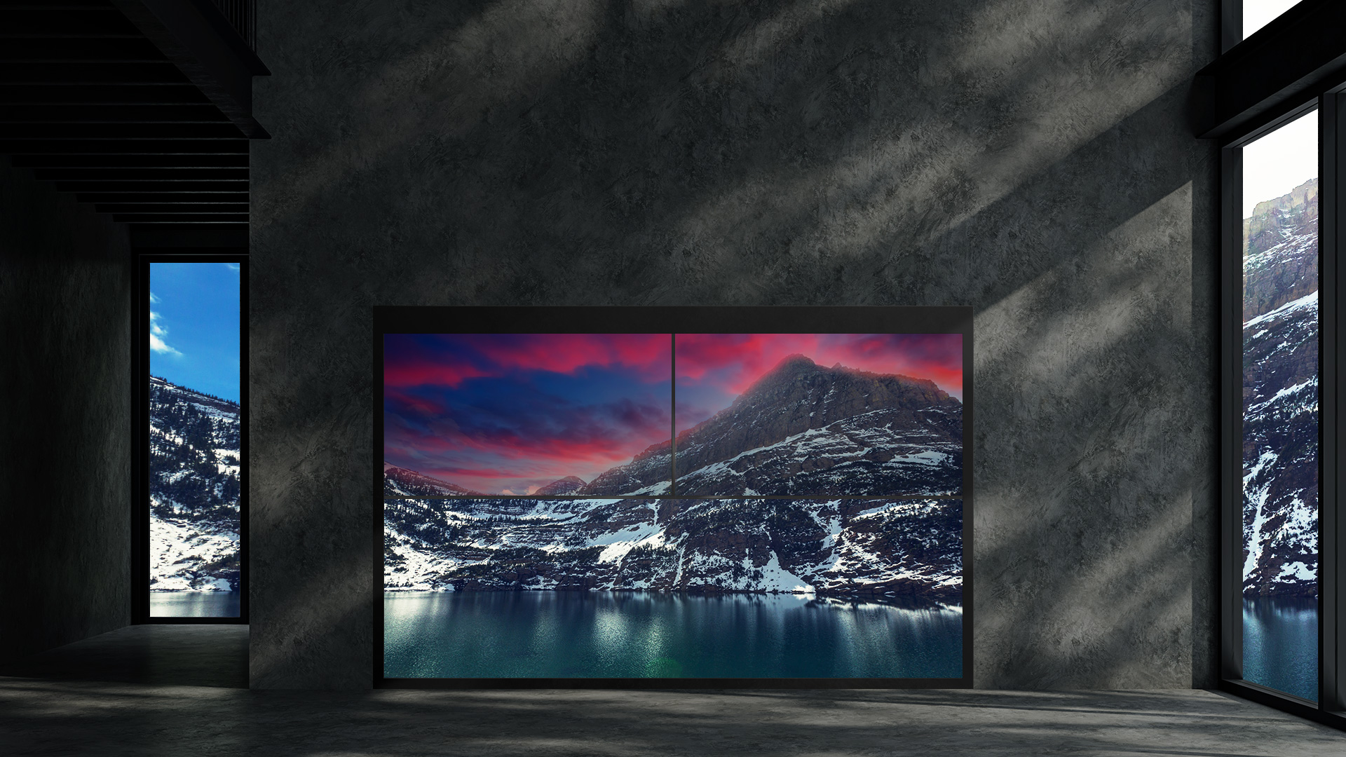 A sunset imagery displayed on a single Transparent OLED signage overlaid with the snowy mountain image in the background.